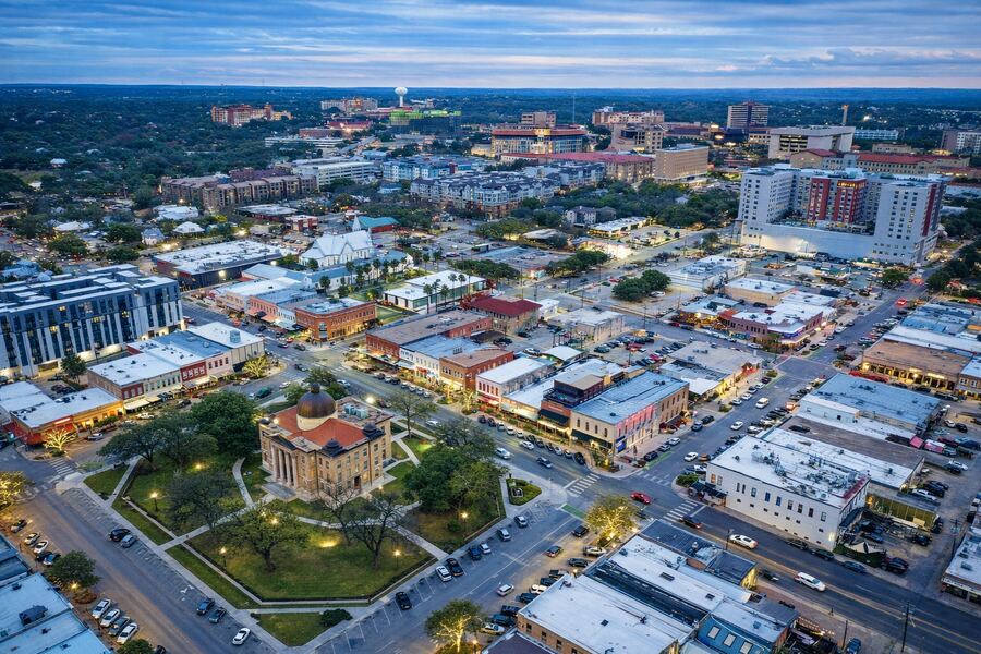 Aerial view of downtown San Marcos, Texas and the Hays County Courthouse square