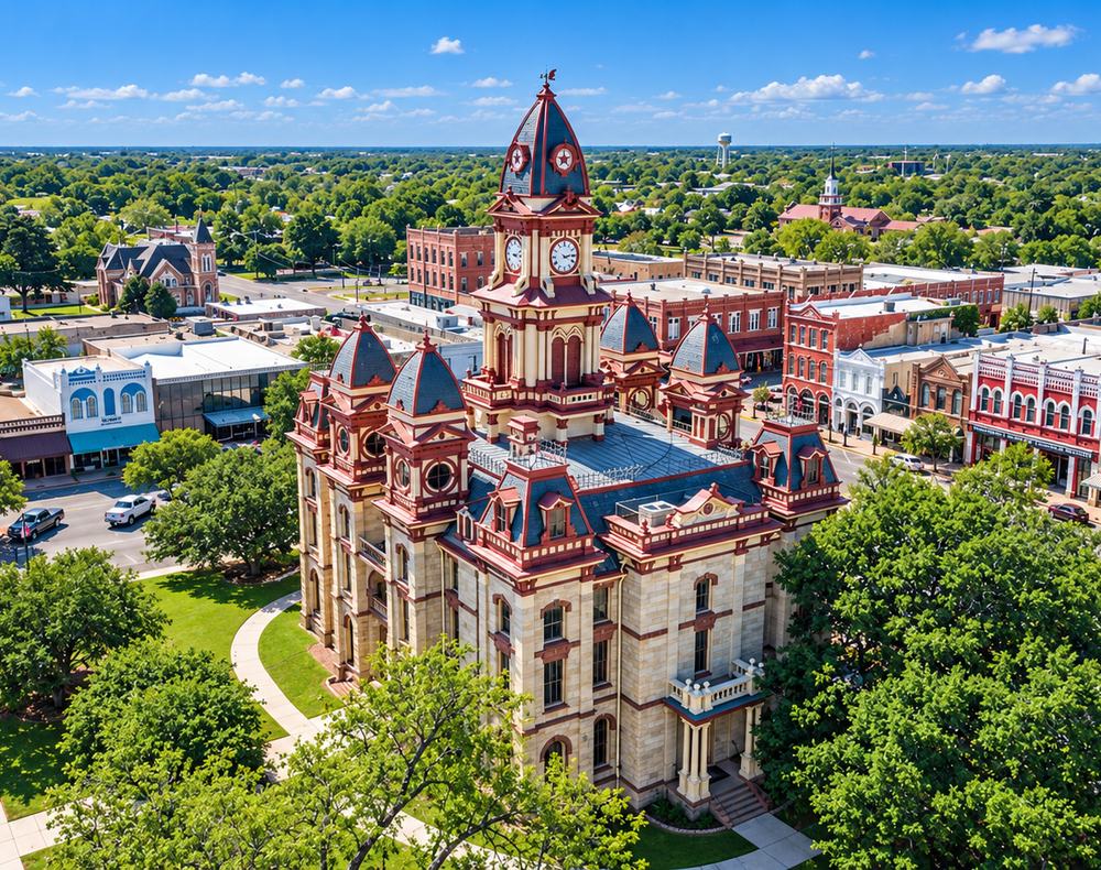 Caldwell County Courthouse on the square in downtown Lockhart, Texas, seen from above