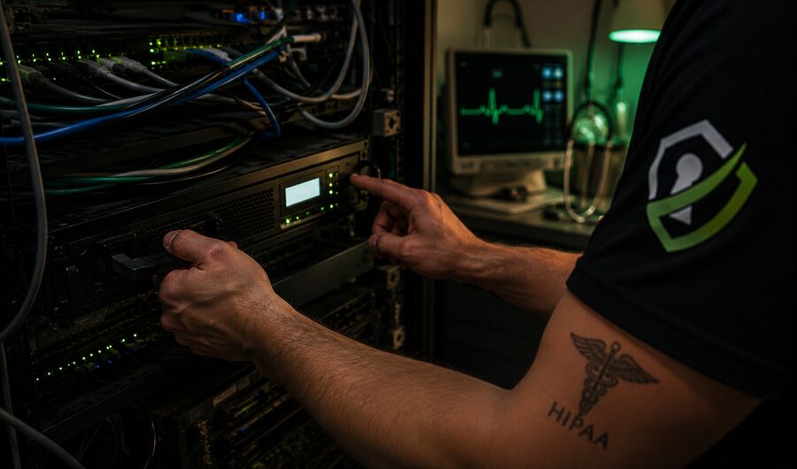 Technician servicing a network rack with a HIPAA compliance tattoo