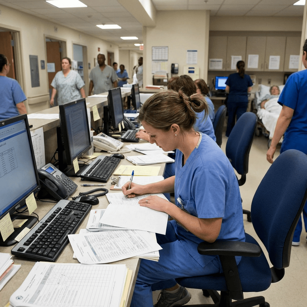 Nurse writing at a busy hospital station with medical staff in the background.