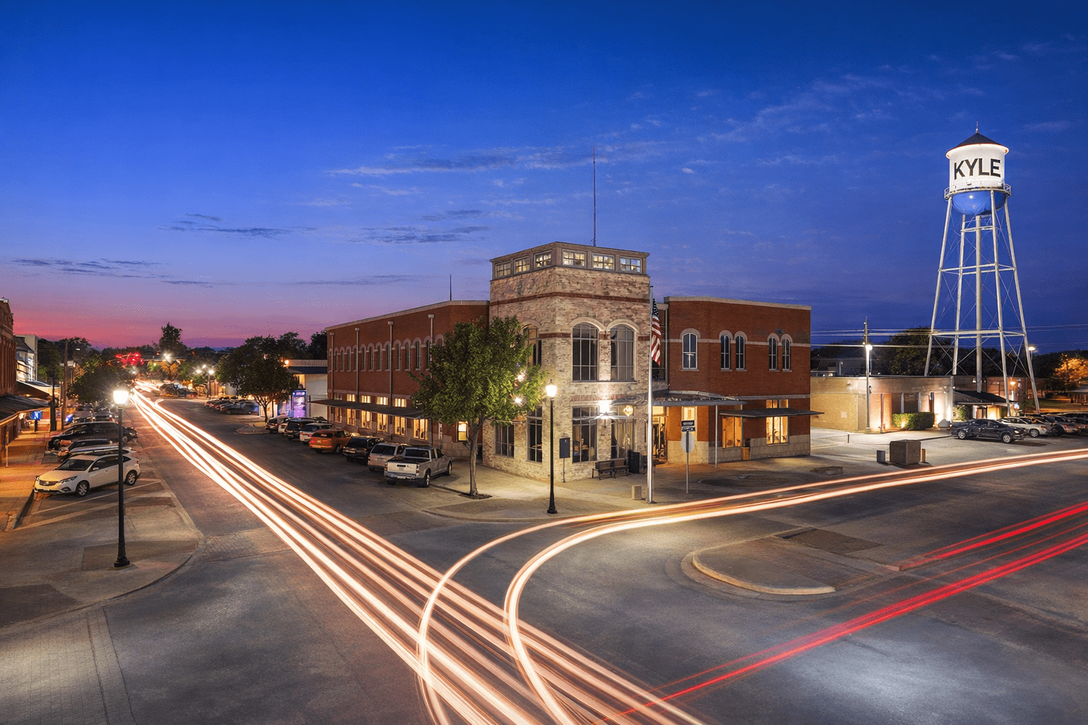 Downtown Kyle Texas at night — safemode IT managed IT services
